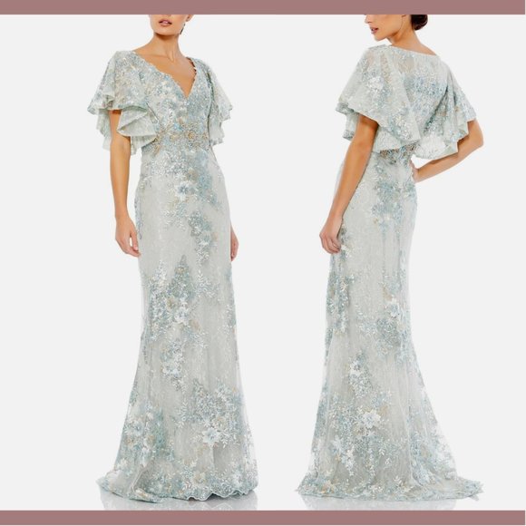NEW $698 Mac‎ Duggal [ 20 ] Sleeve Flutter Floral Embellished Gown Seafoam - Picture 2 of 15